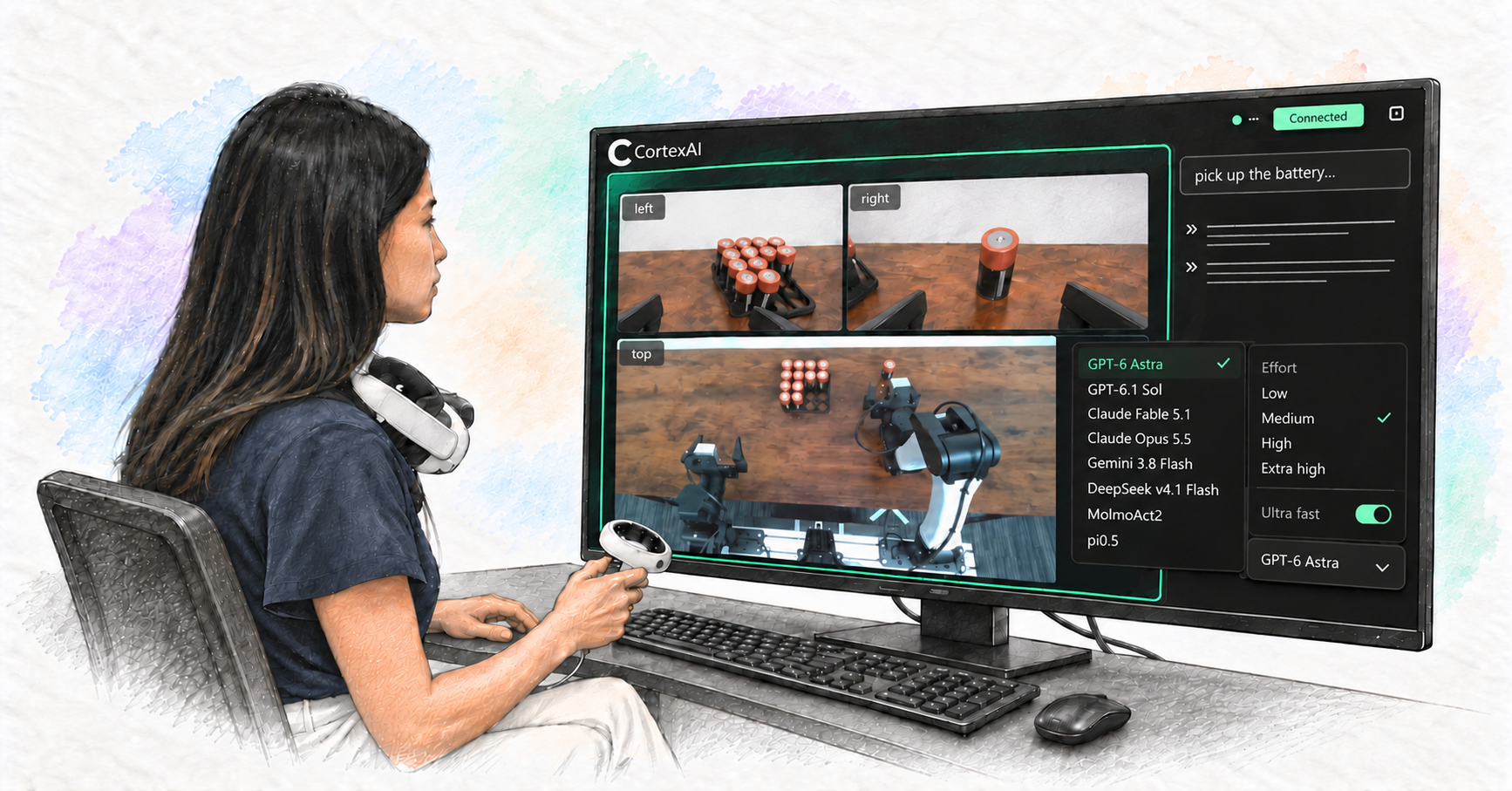 Illustration of an operator using Cortex Harness to prompt a robot and select an AI model.