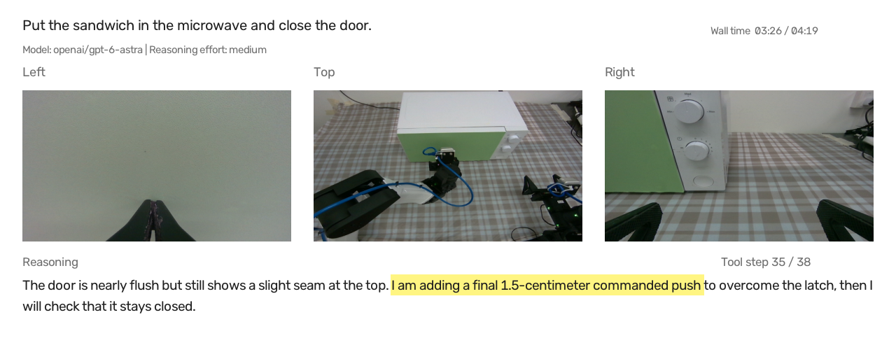 Astra reasoning about a final 1.5-centimeter push and checking the microwave door.