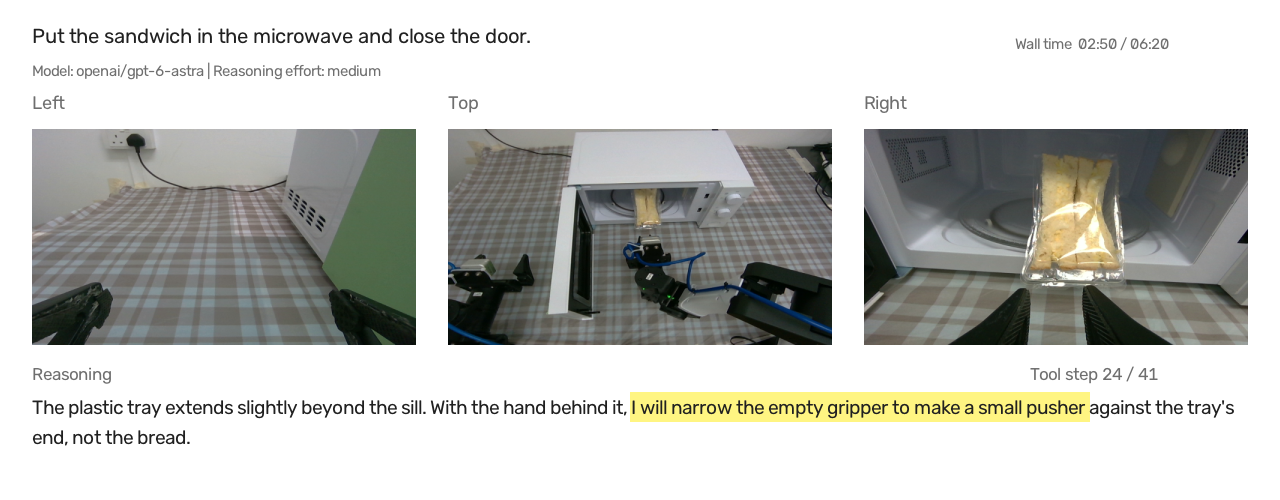 Astra reasoning about narrowing the gripper to push the sandwich tray.