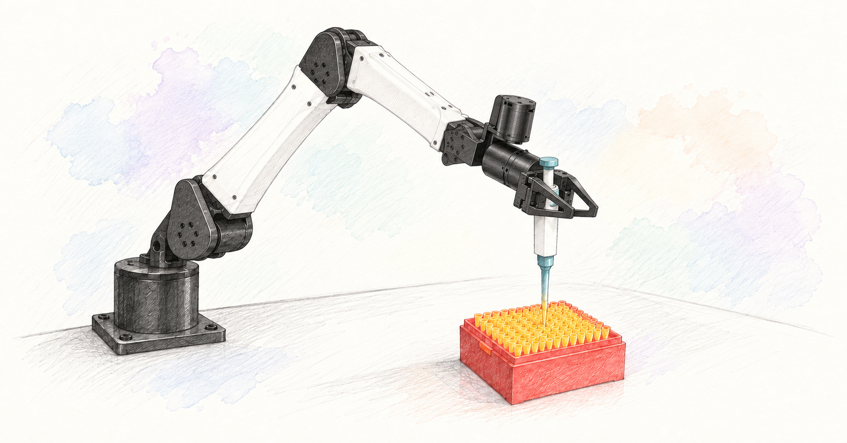 Illustration of a YAM robot arm holding a pipette above a rack of tips.