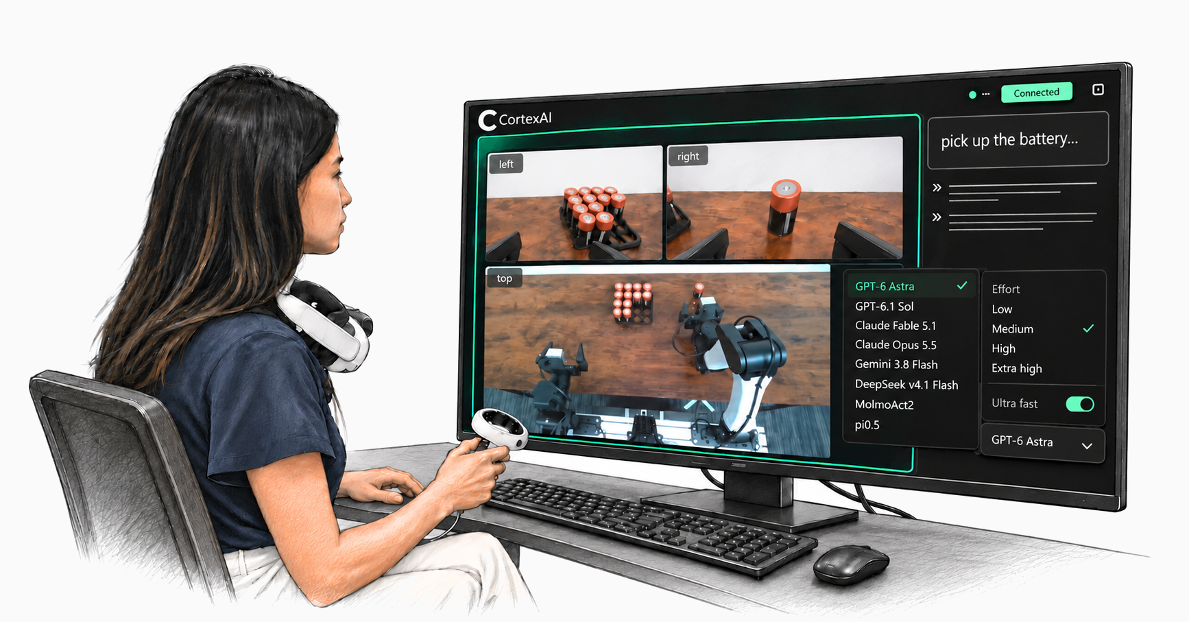 Operator using Cortex Harness to prompt a robot, with live camera views and a model selector on screen.